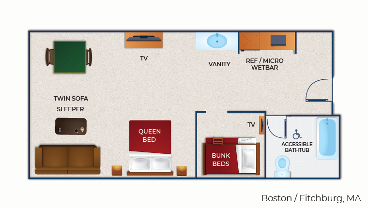 The floor plan for the accessible bathtub Wolf Pup Den Suite